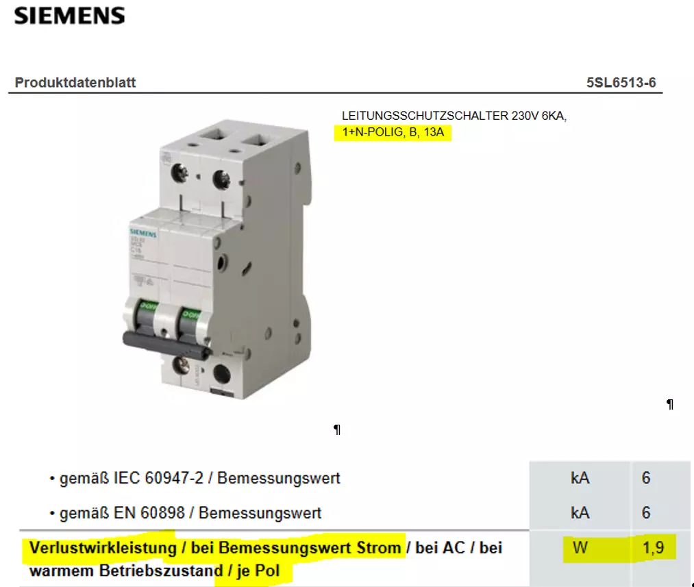 Bild zeigt ein Datenblatt von einem Leitungsschutzschalter Siemens